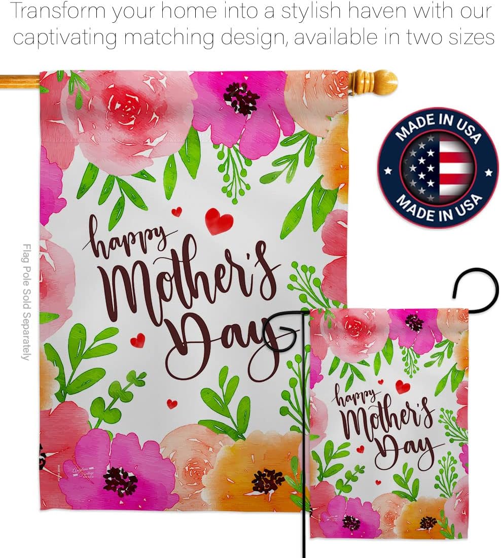 Colorful Happy Mother's Day Garden House Flag - Set Family Mom Mama Grandma Love Flowers Parent Sibling Relatives Grandparent - Decoration Banner Small Yard Gift Double-Sided Made In USA 28 X 40