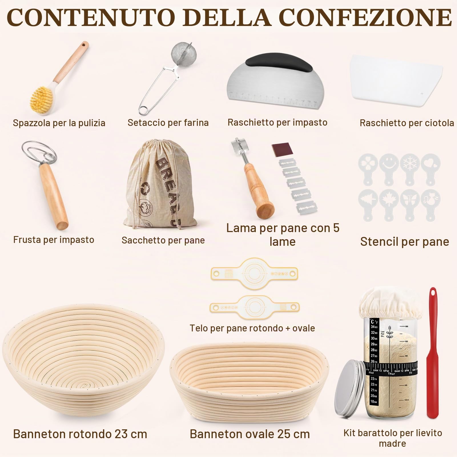 Cestino Lievitazione Pane Set Da 2, Rotondo e Ovale Cesto Lievitazione Pan in Rattan Naturale, Utensili Completi per la Preparazione del Pane per Panettieri Professionisti e Casalingh