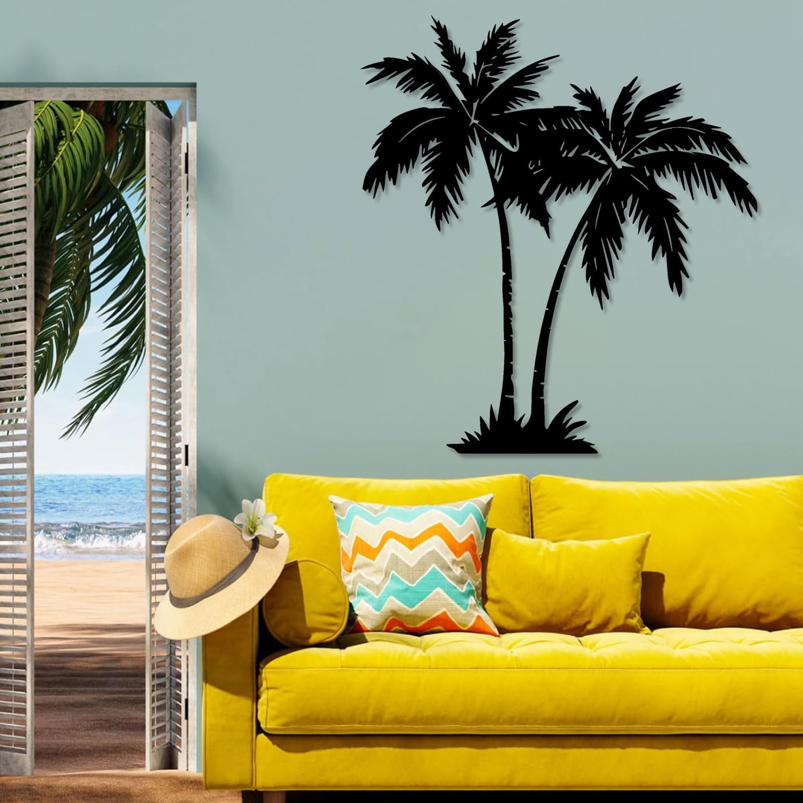 Generico Decoración de pared abstracta contemporánea de Metal con palmeras tropicales, Arte playero, casa de hojas costeras, para exteriores (81 x 90 cm, Blanco)