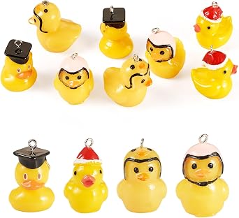 8Pcs Mini Christmas Resin Duck Charms Assorted Cute Yellow Ducks with Helmet Graduation Hat Santa Hat Mini Duck Pendants for Keychains Bracelet Necklace Earrings Bag Charm Kit Crafts