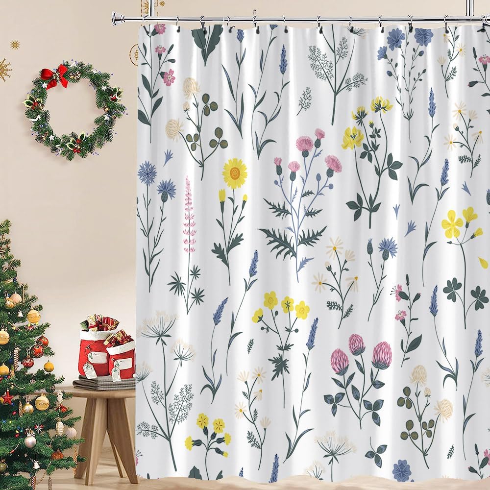 Floral Shower Curtain Sage Green Botanical Plant Vintage Boho Watercolor Wildflower Leaf Herb Rustic Farmhouse Decor Bathroom Curtain Set with Hook