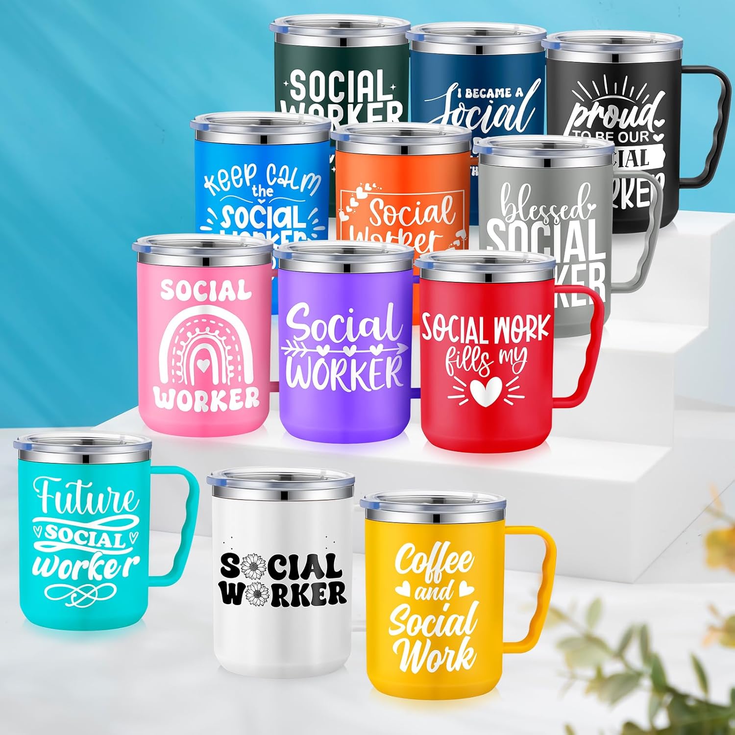 Sieral 12 Pcs Social Worker Appreciation Mugs Thank You Gifts for Social Work Month 17 oz Inspirational Coffee Cups for Worker Employee Coworker Volunteer Holiday Party Favor(Classic)