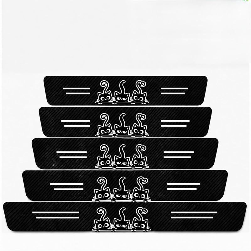Protetor de Soleira para Porta Automotiva com Design de 3 Gatos Pretos e Textura de Fibra de Carbono TnLnYn, 5 peças