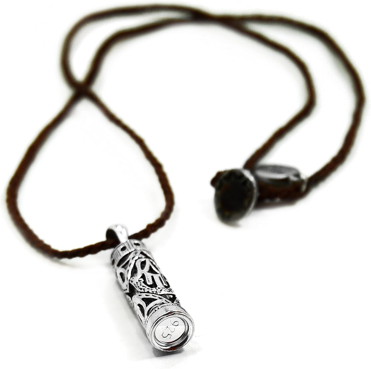 MIZZE Made for Luck 925 Sterling Silver Traveler’s Prayer Mezuzah Pendant & Prayer Box Charm Pendant on 19” Brown Knitted Necklace - Ideal Men & Women Protection Jewelry Gift