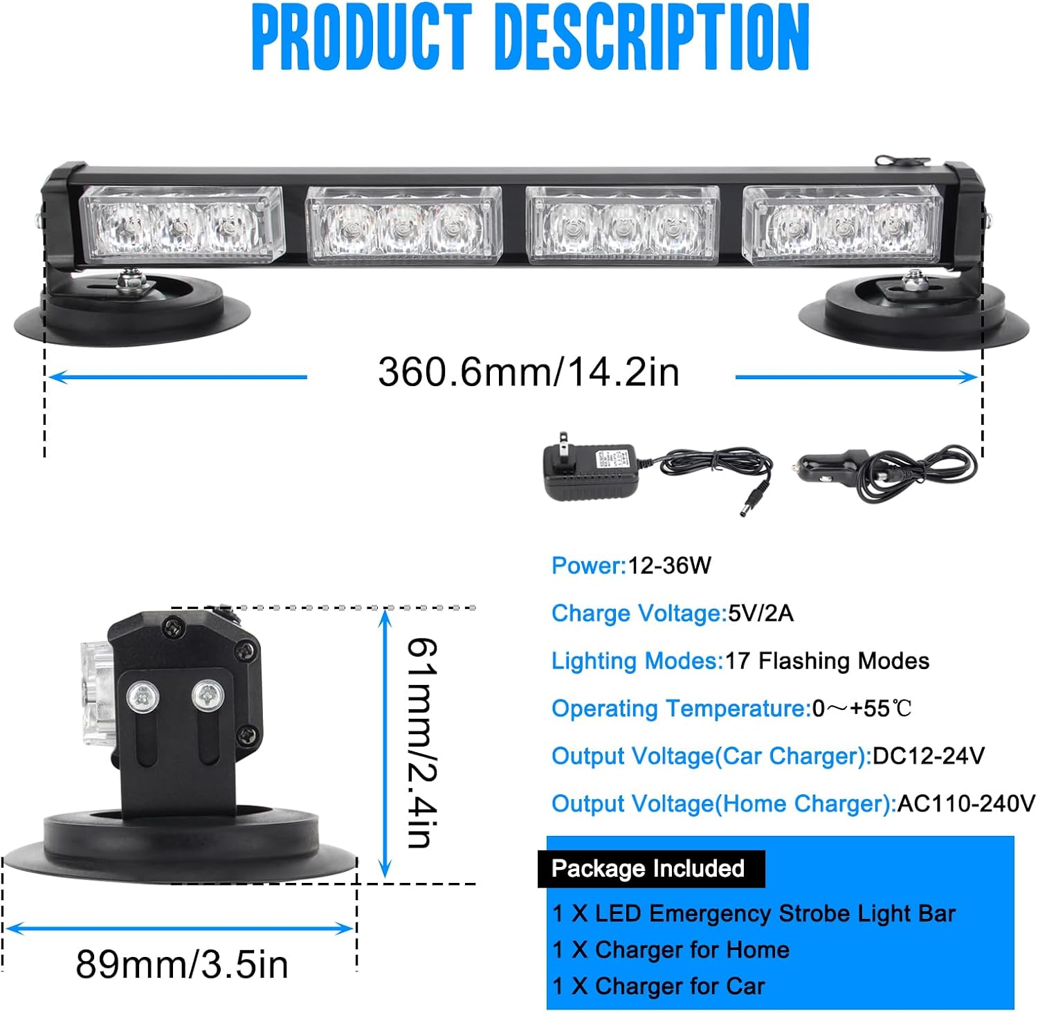 14.2'' Red Blue Wireless LED Rooftop Strobe Beacon Light Bar Rechargeable LED Emergency Hazard Warning Lights with Magnetic Base,17 Flashing Modes Strobe Light Bar for 12/24V Car,Truck