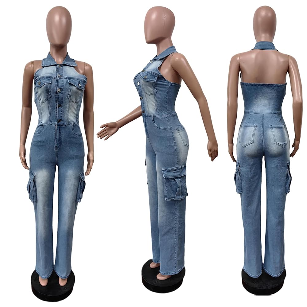 Amazon.com: Geulis Women's Denim Jumpsuit Halter Sleeveless