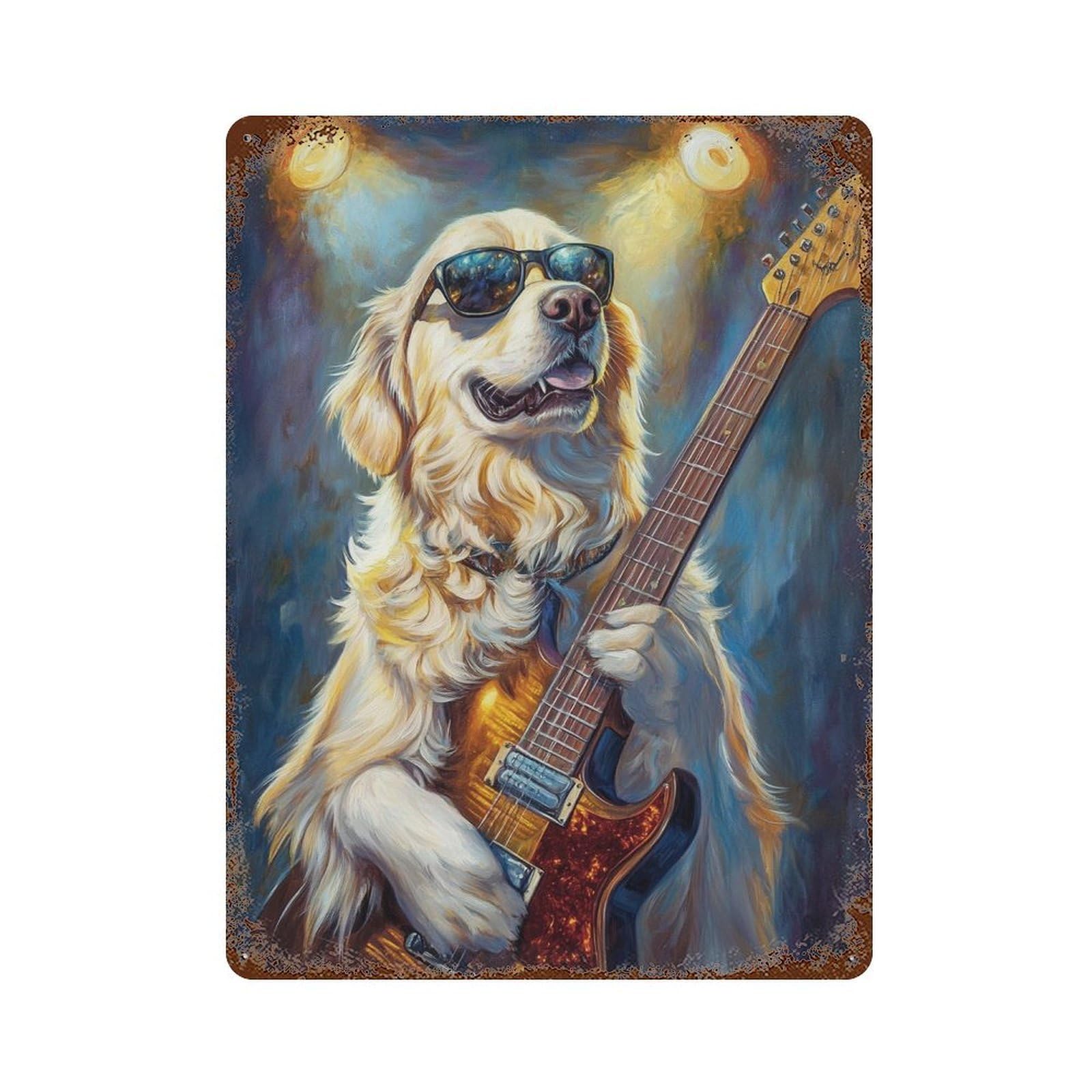 Garage Style Golden Retriever Rock Star Rusty Metal Tin Sign 15.7"x11.8", Classic Wall Plaque for Bar And Workshop