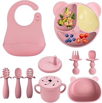 Baby Weaning Set, 10 Pcs Silicone Feeding Bowl & Spoon Set for Toddlers, BPA-Free, Soft & Safe Baby Led Weaning Essentials, Microwave & Dishwasher Safe Pink