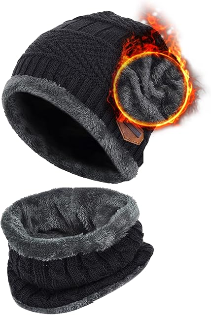 Aisprts Winter Beanie Hat Scarf Set, Fleece Lining Warm Knitted Hat and Neck Warmer Winter Outdoor Ski Hat and Snood for Men Women