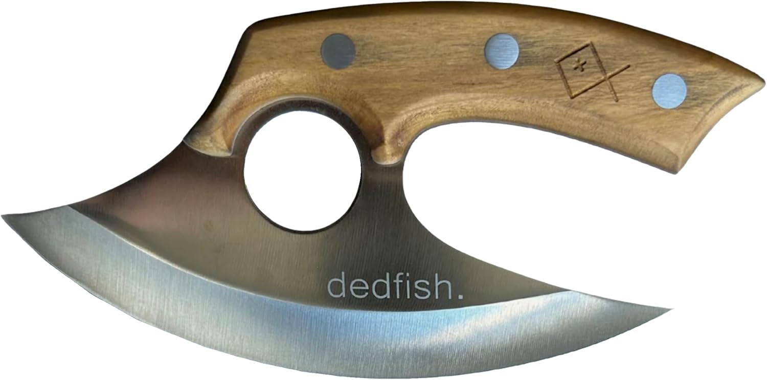 Olive Wood Handle Crescent Blade Ulu Knife with Leather Sheath - Multi-Purpose Knife Alaska Ulu Stainless Steel Blade, Pizza Cutter Veggie Slicer Kitchen Chopping, Regular, Brown, Silver