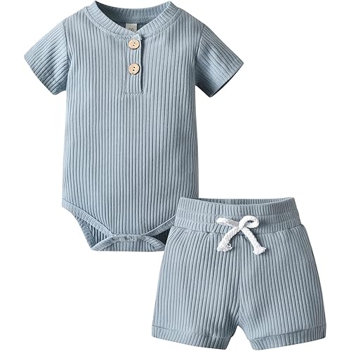Derouetkia Summer Newborn Baby Boy Girl Clothes Solid Color Ribbed Romper and Shorts Outfits Set