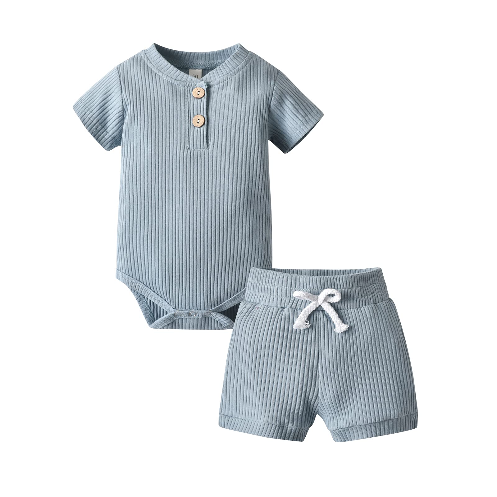 Summer Newborn Baby Boy Girl Clothes Solid Color Ribbed Romper and Shorts Outfits Set (Newborn) Blue