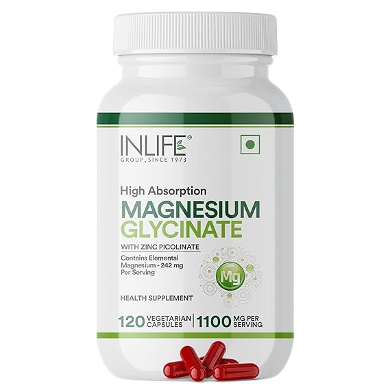 INLIFE Magnesium Glycinate Supplement 1100mg with Zinc Picolinate 52.6mg Per Serving | Chelated Bisglycinate Form for Higher Absorption | For Men Women - 120 Vegetarian Capsules (Pack of 1, 120, count)