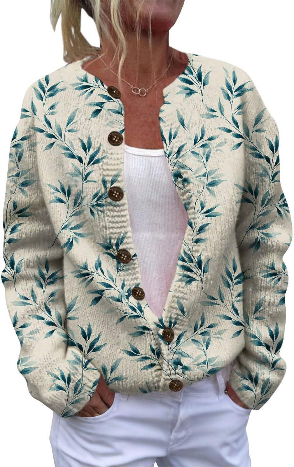 Womens Floral Graphic Print Cardigan Casual Long Sleeve Front Button Chunky Sweaters Fall Cropped Knit Blouse