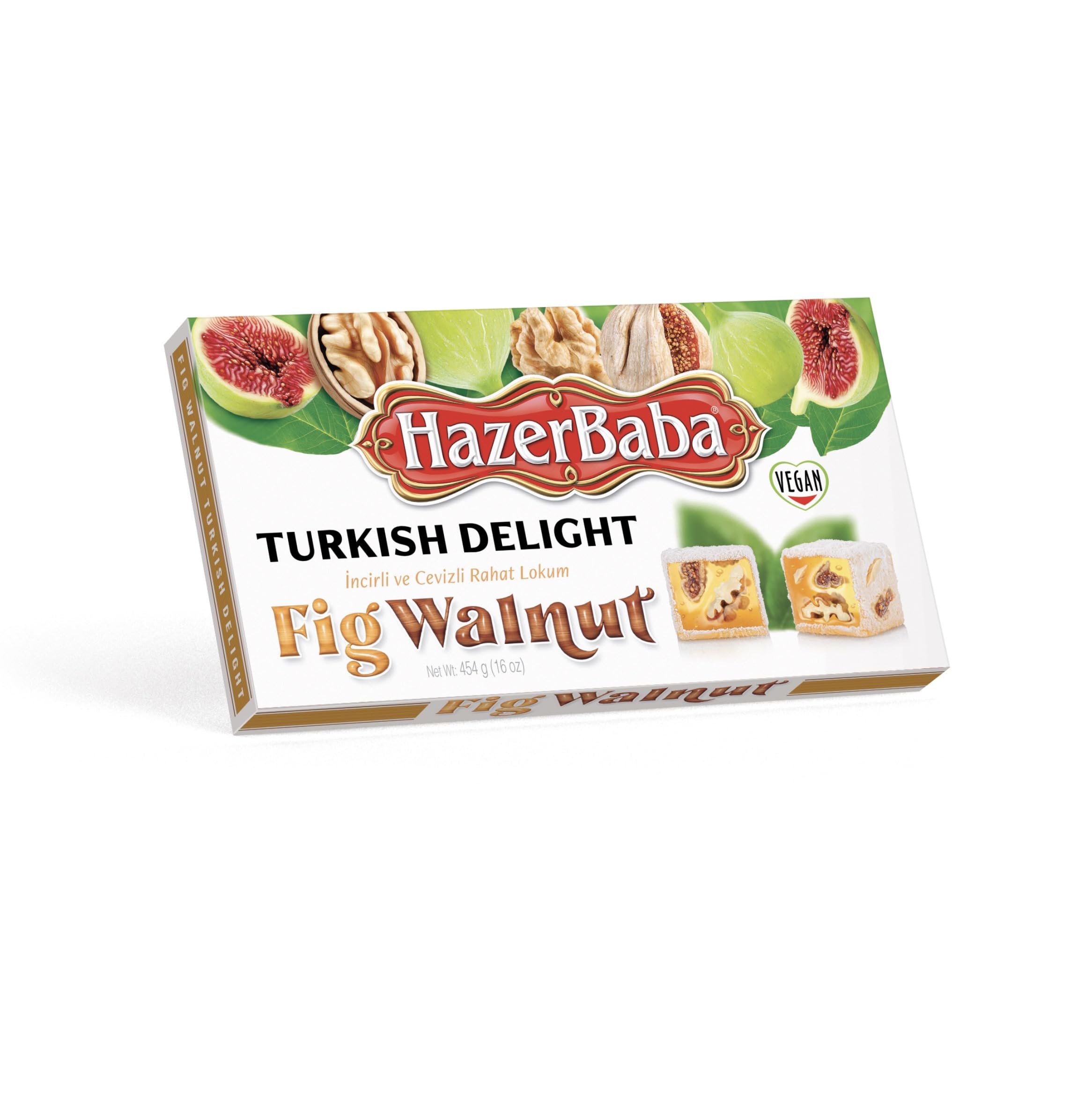 Hazer Baba Turkish Delight Candy with Fig & Walnut, Gourmet Snack Box, Traditional, Vegan Snack, Turkish Lokum, Unique Sweets, Loukumi, Delicias Turcas, Halal, Kosher, 16oz (454g)
