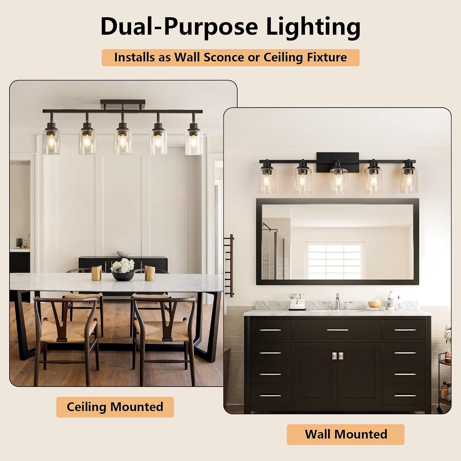 5-Light Track Lighting Kit, Black Track Lighting Fixtures, Rotatable Spotlight with Clear Glass Shades, Ceiling/Wall Mount Bathroom Wall Sconces for Kitchen Shop Hallway (Bulb Not Included)