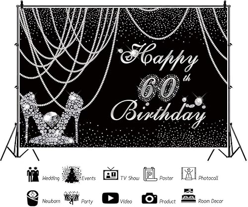 Miniatura 2 de Telones de fondo negro plateado para mujer de 60 cumpleaños para fotografía, cortina de perlas de 9 x 6 pies, pantuflas de diamante plateado con