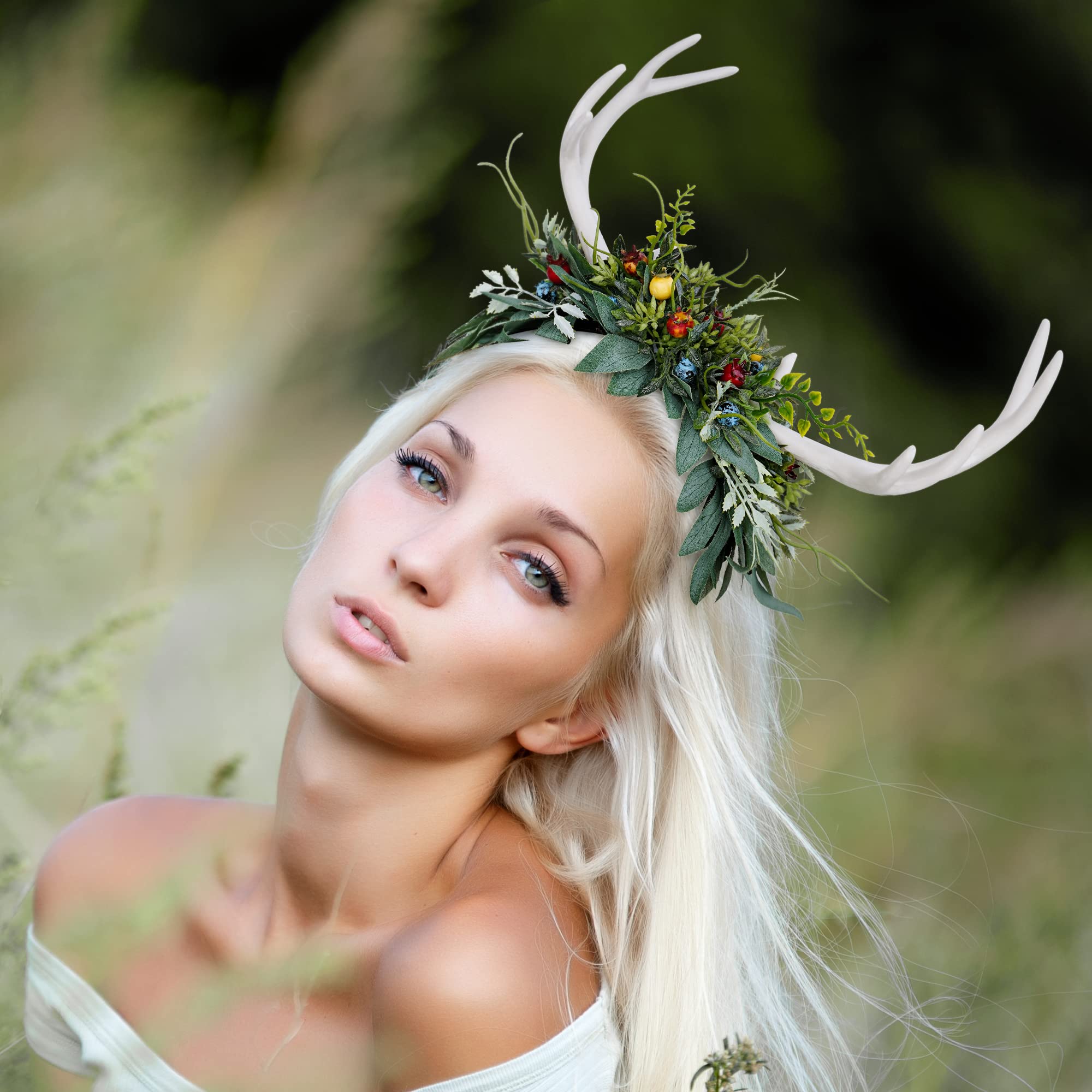 MOSTORY Antler Headband for Fairy Costume Women Green Woodland Flower Crown with Leaf and Flower for Wedding Prom Cosplay Renaissance Halloween - Image 2