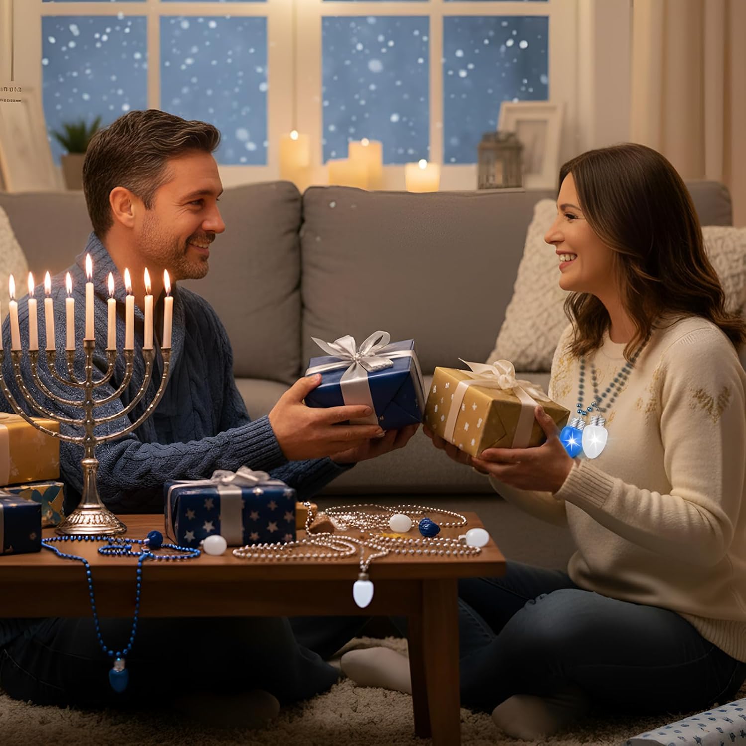 Ferreve 12 Pcs Hanukkah Light up Beads Necklace Bulk LED Hanukkah Lanyard Bulb Necklaces with 3 Light Modes Glow Tossing Beads Accessories for Christmas Chanukah Party Favors Supplies(Blue, White)