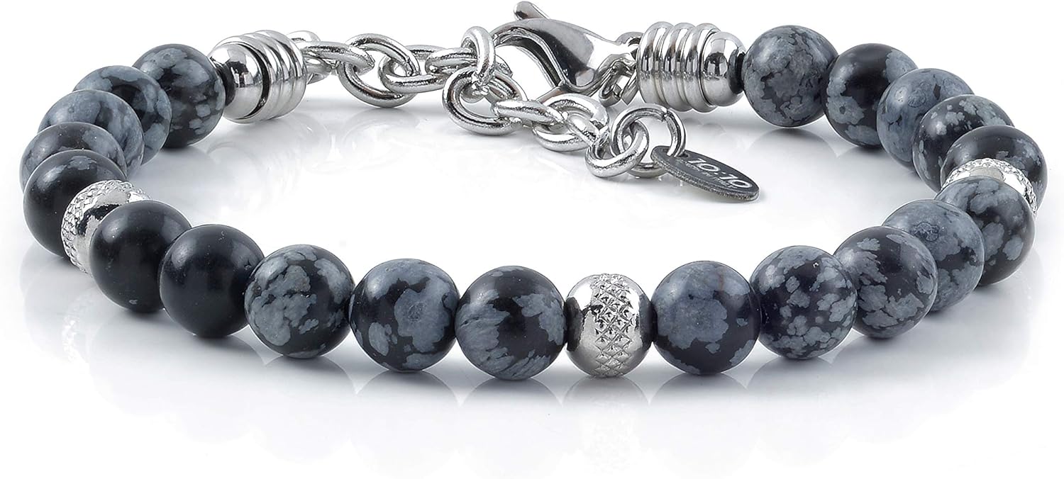 10:10 Beaded Bracelet for Men and Women – Natural Obsidian Snow Flake Gemstones and Stainless Steel – Adjustable & Durable & Elegant – Made in Italy - Image 2