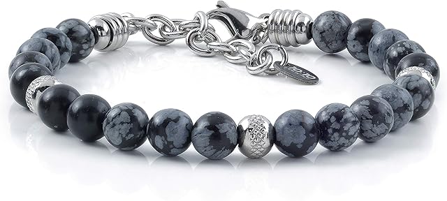 10:10 Bracelet with Natural Obsidian Stones, 6 mm Beads, in Stainless Steel, Very Resistant Bracelet Made in Italy
