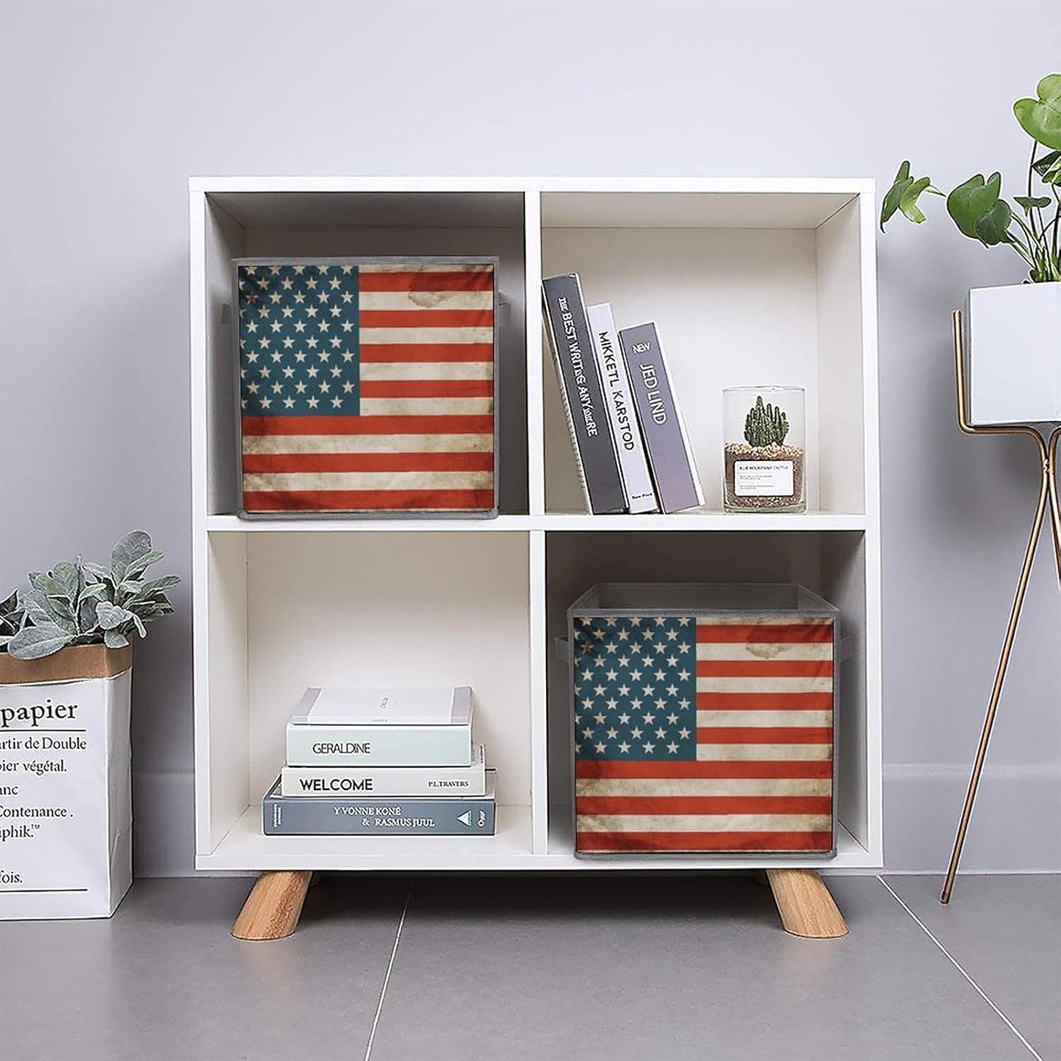 USA Flag Foldable Storage Box with Handles, Durable Oxford Storage Cubes, 2PCS Collapsible Closet Organizer for Home, Shelf, Office, Travel