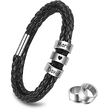 Corissy Personalized Fathers Day Bracelets Gifts, Custom Mens Bracelet with 2-8 Engraved Beads, Customized Braided Leather Name Bracelets for Dad Grandpa Husband