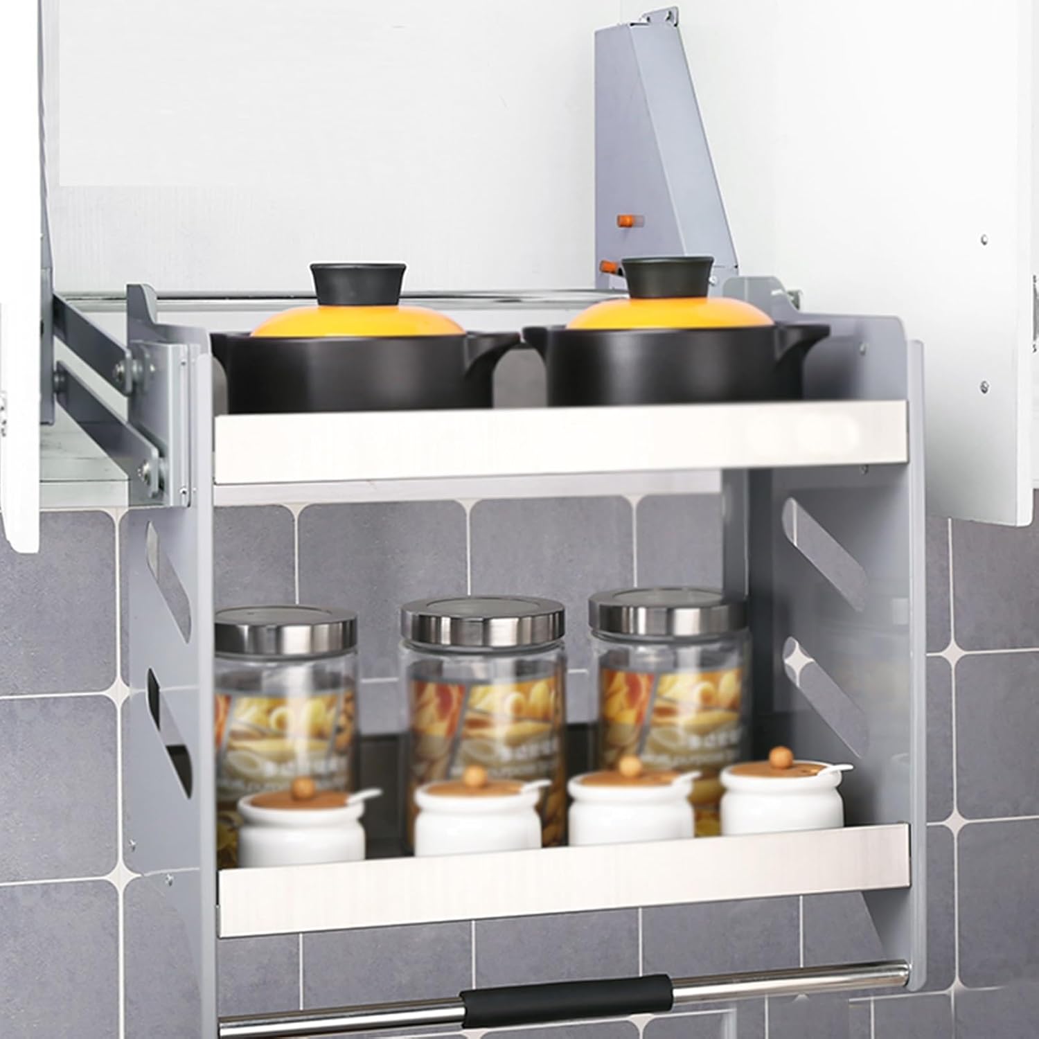 Pull Down Cabinet Shelf,Kitchen Cabinet Pull Down Shelf,High Cabinet Pull Down Shelf,Load Bearing 25kg,Suitable for Kitchen,Bar,Cafe,Cabinet and Tea Room (56x27x52cm)