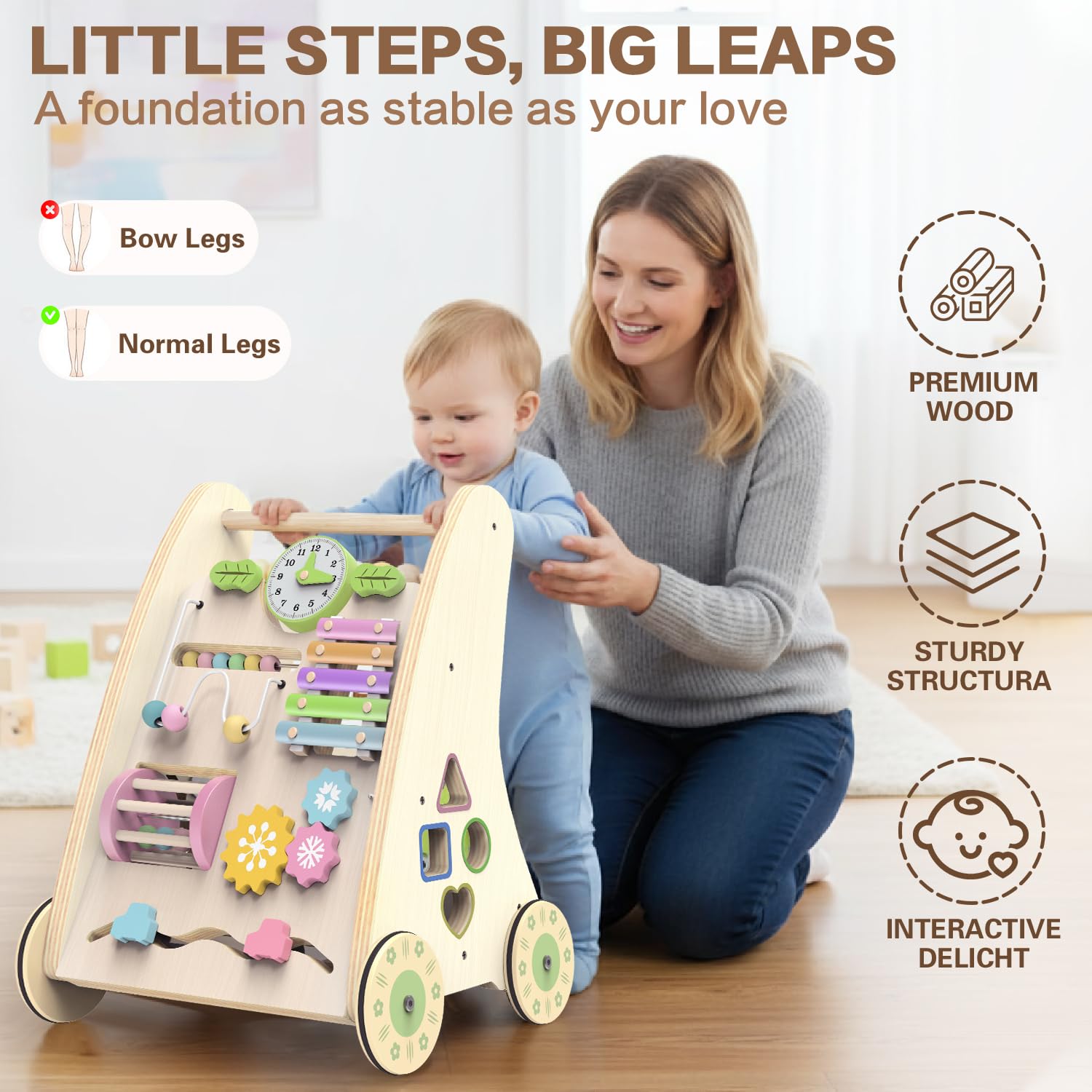 Wooden Baby Walker,Adjustable Speed Push Walker with Wheels and Learning Activity Center,Montessori Walker for Babies 12 Months,Baby Walker Push Toys for Baby Boys and Girls Gifts (Natural)