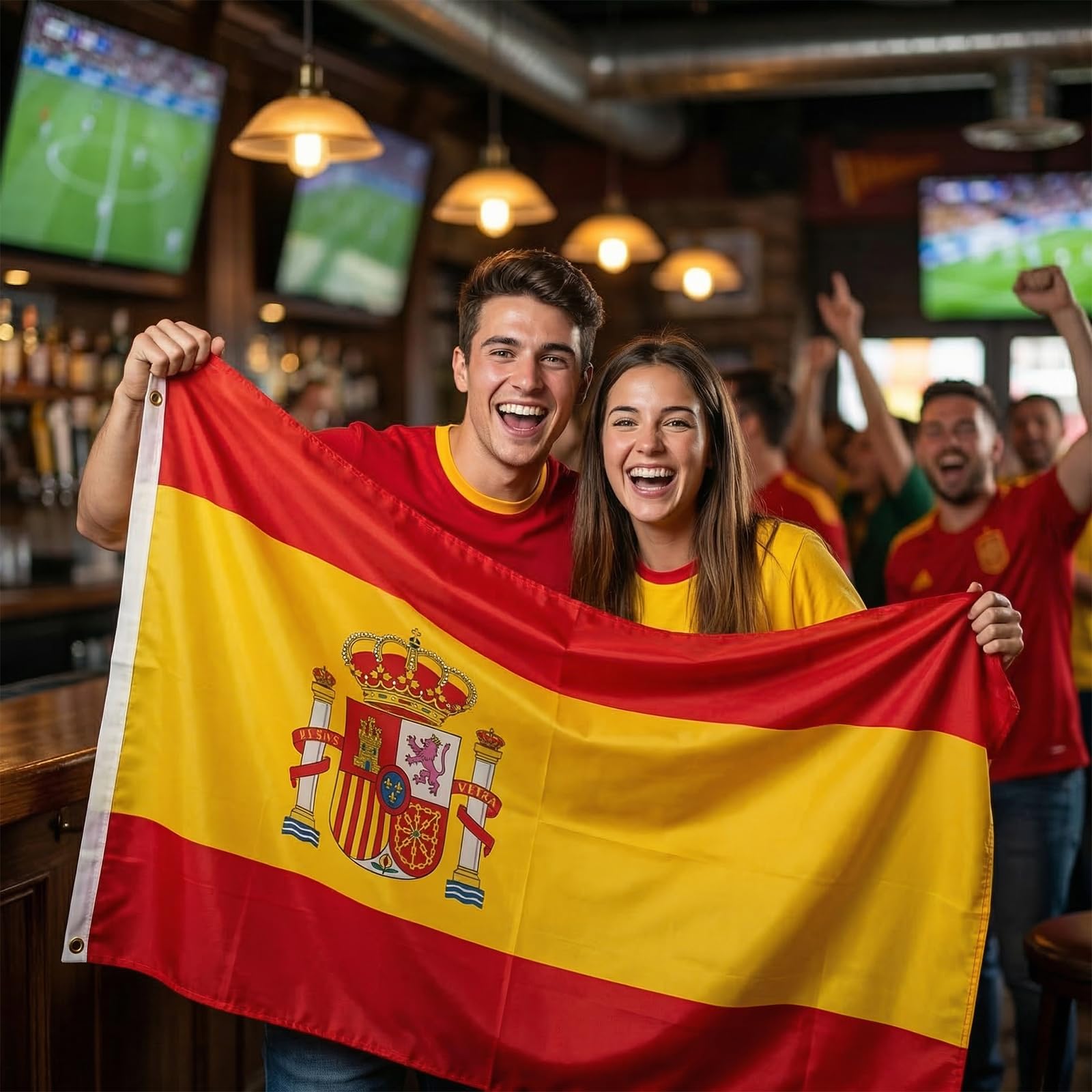 Bandera de España con Escudo para Exterior e Interior Resistente a la Intemperie con 2 Ojales de Latón y Costuras Dobles Ideal para Mundial 2026 y Eventos Deportivos 90x150 cm