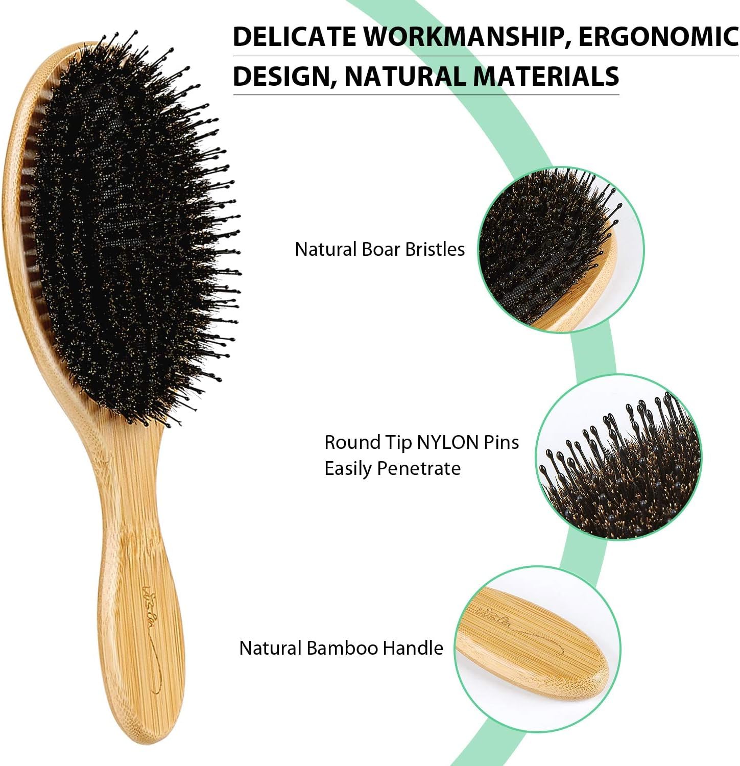 Vista Spazzola Setole Cinghiale Naturale con Manico in Bambù Spazzola per Capelli Professionale e Pettine Capelli a Coda di Metallo per Capelli di Spessore Normale o Medio