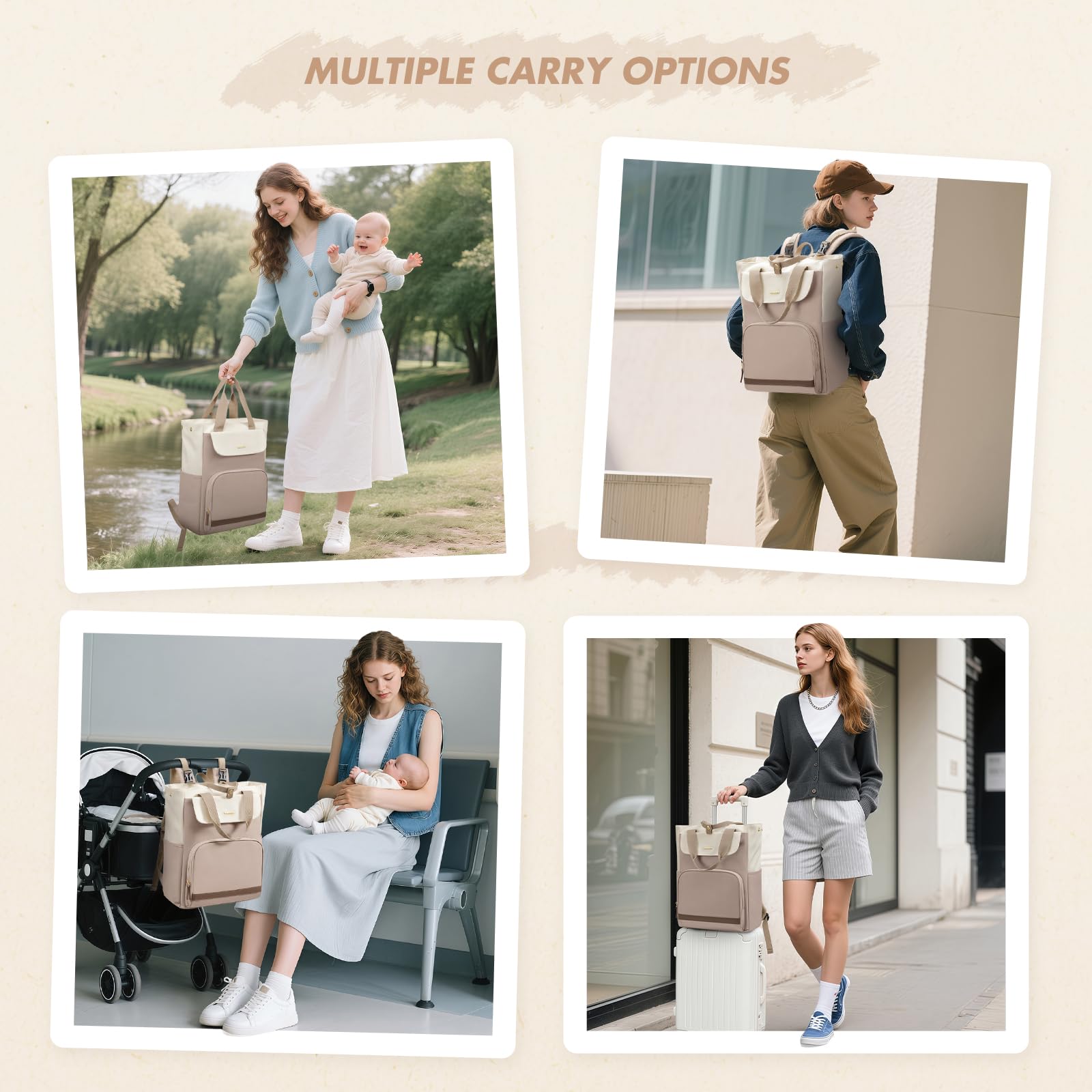 GOLF SUPAGS 25L Mochila Cambiador para Bebé con Cambiador Portátil y correas para Cochecito, Mochila para Pañales, Mochila de Térmica Almuerzo, para Mamá y Papá (Champán & Blanco)