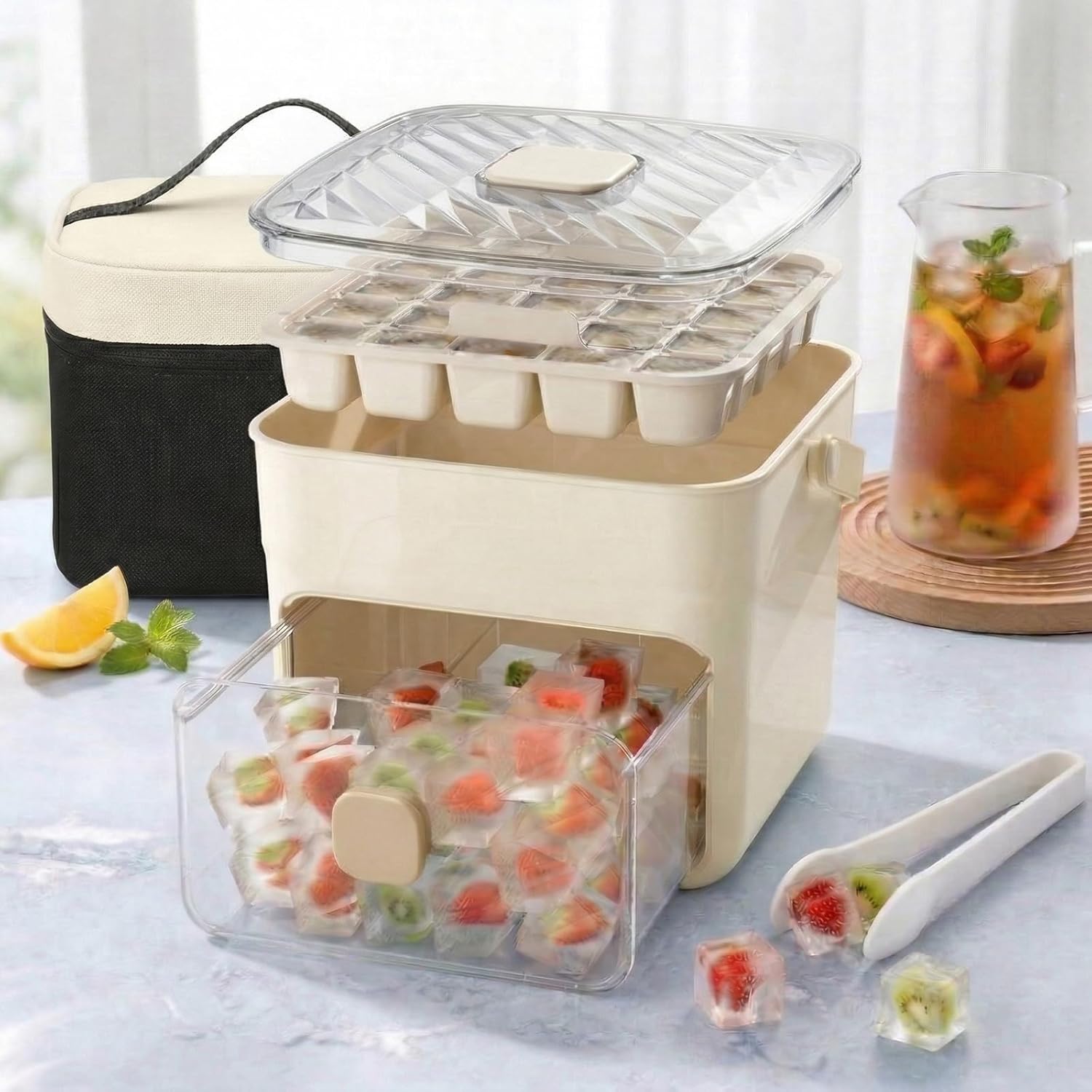 48 Cube Double-Deck Portable Ice Maker with Insulated Bag & Easy Press Lid,Silicone Trays,Counte,Produces 48 Ice Cubes,Stores Over 150 Cubes for DIY Whiskey,Outdoors,Parties (Creamy White+Bag)