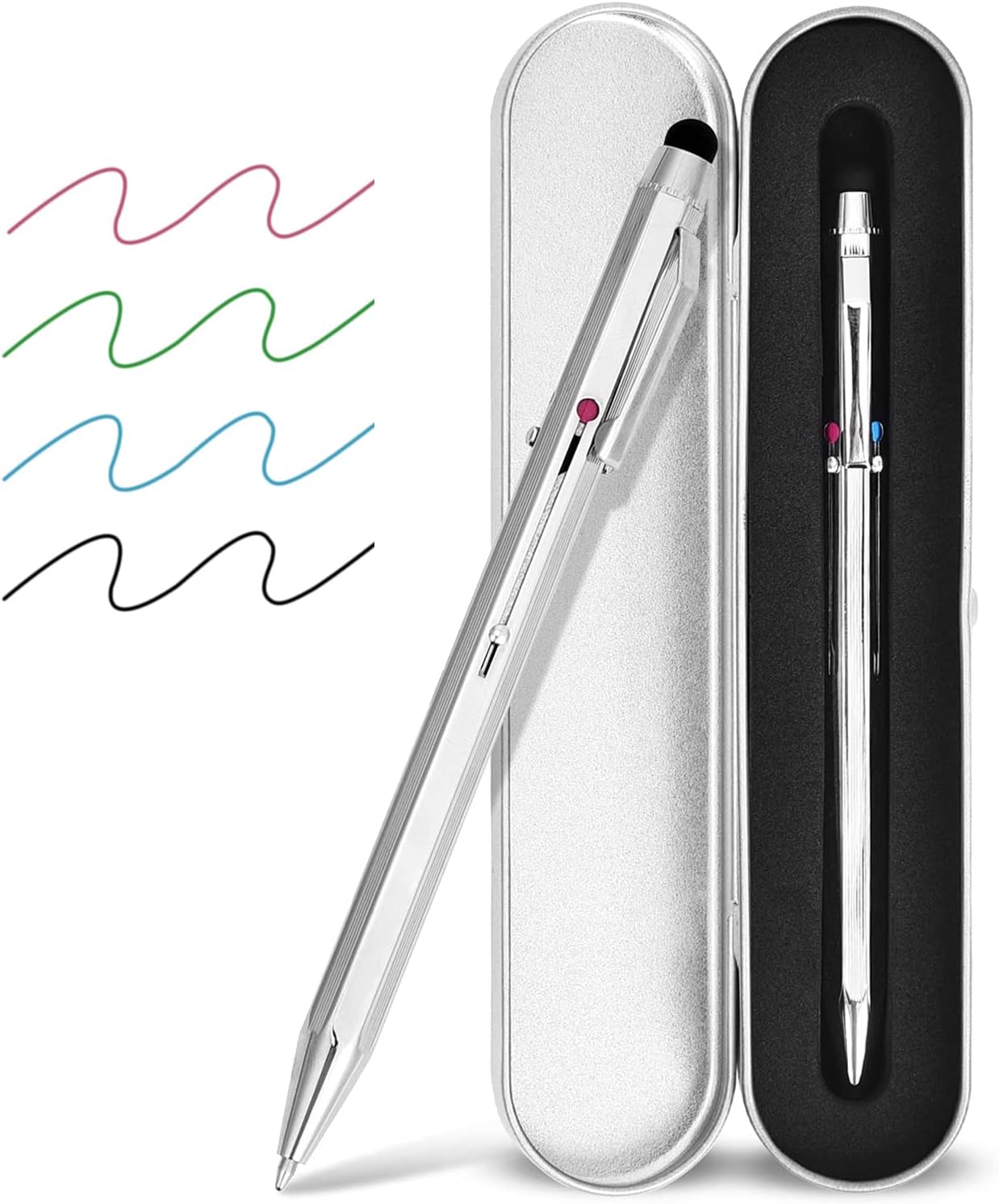 SMTTW 5-in-1 Multifunction Stylus Pen & Multicolor Retractable Pen with Metal Gift Box - Black, Blue, Red, Green Ballpoint Pens & Universal Stylus for Touch Screens (Silver)