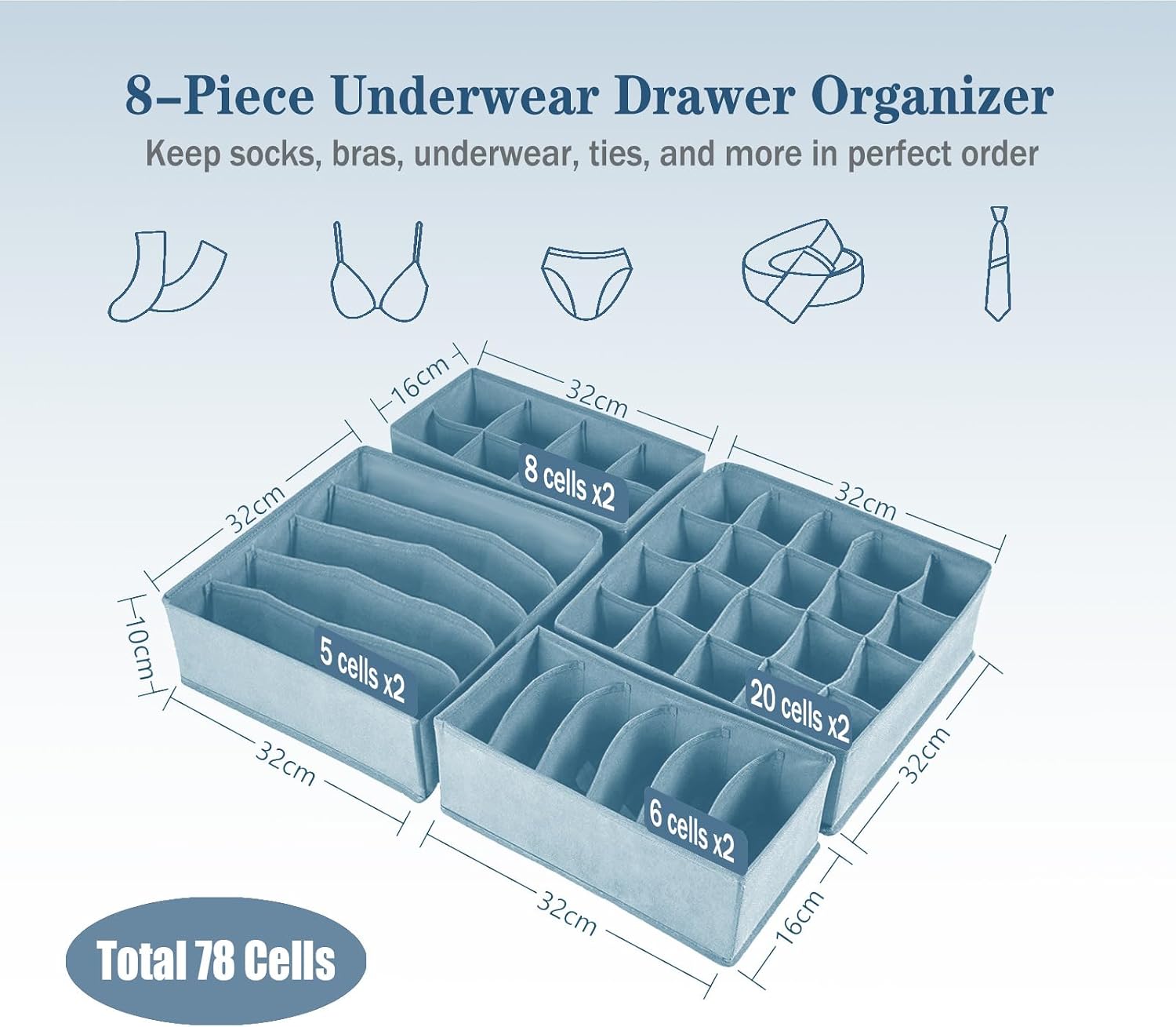 Yucch Set of 8 Underwear Organiser for Drawers and Wardrobe | With 5/6/8/20 compartments for flexible storage, foldable fabric boxes for bras, socks and ties, blue