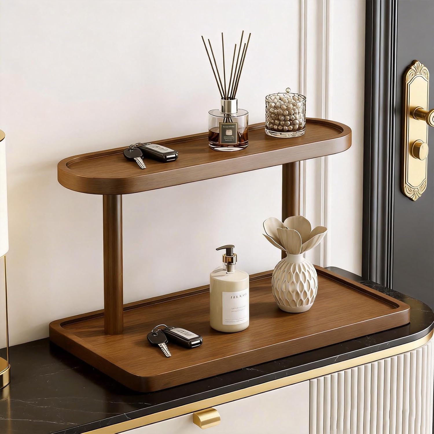 GDQ Wooden Display Organizer Stand,Perfume Organizer, Brown Pine Wood Vanity Organizer Display Storage for Cosmetics, Perfume, Plants, Tea Set, Open Design for Entryway/Living Room/Bathroom/Bedroom