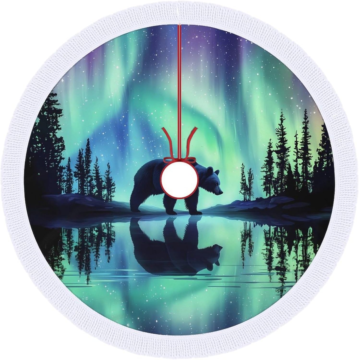 Bear Northern Lights Print Christmas Tree Skirt Round Xmas Tree Mat Ornaments Tree Skirts with Tassels for Holiday Party