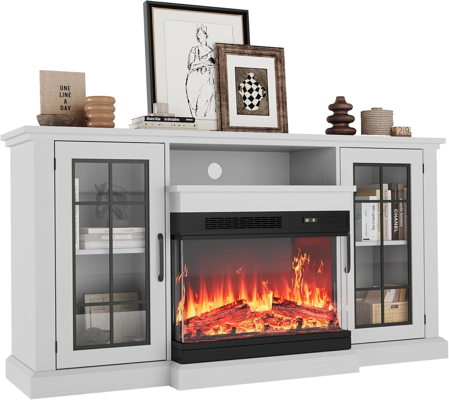 Garvee 59" Fireplace TV Stand with 3-Sided Glass & Adjustable LED Flame, Electric Fireplace Modern Entertainment Center Console Table Cabniet, Glass Doors & Storage Shelves for TVs up to 65", White
