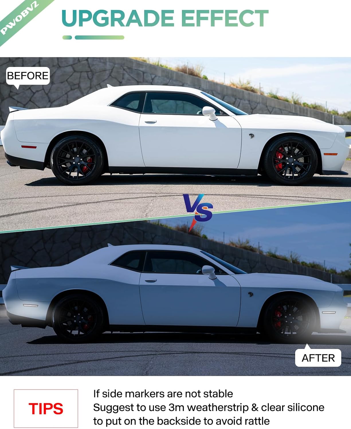 White LED Side Marker Lights for Dodge Challenger 2015-2023, Front & Rear Parking Lamp Passenger Driver Side, Smoked Lens 4PCS