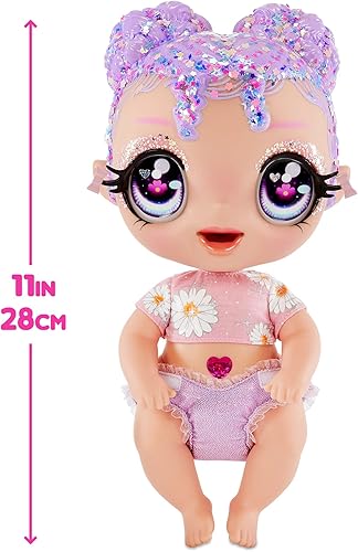 Miniatura 4 de MGA Entertainment Glitter BABYZ Lila Wildboom - Muñeca bebé con 3 cambios mágicos de color, cabello morado, traje de flores, pañal, botella, regalo
