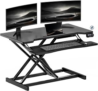 32" Electric Standing Desk Converter, Height Adjustable Sit to Stand Up Desk Riser with Large Keyboard Tray, Dual Monitor and Laptop Motorized Desktop Workstation for Home & Office, Black