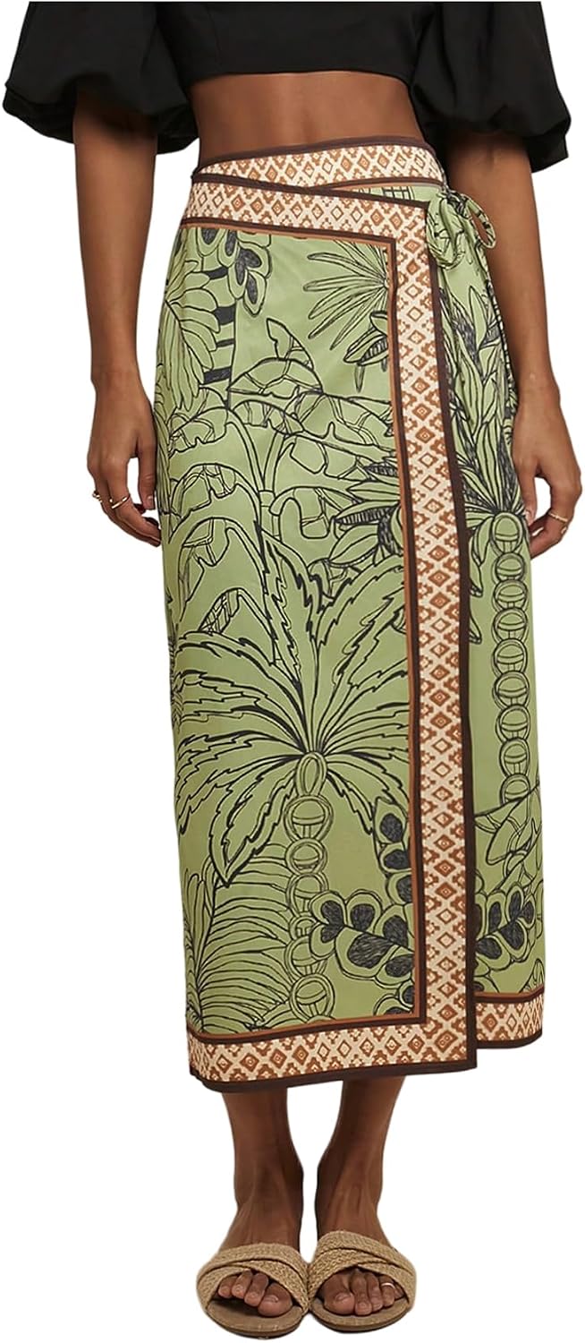 MakeMeChic Women's Boho Midi Skirts Floral Pencil Tie Side Wrap Skirt