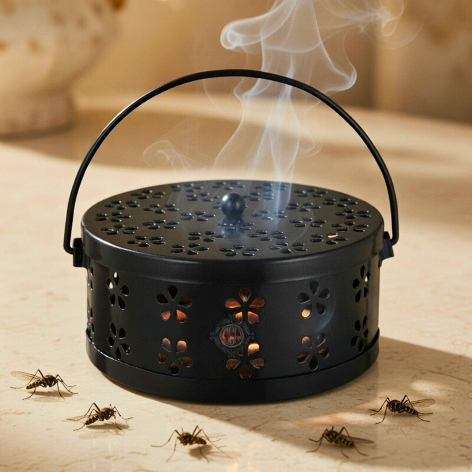 DSH Metal Mosquito Coil Holder with Lid & Handle Ash Catcher Stand for Mosquito Coil Indoor Outdoor Safe Use (Black)-picture-11
