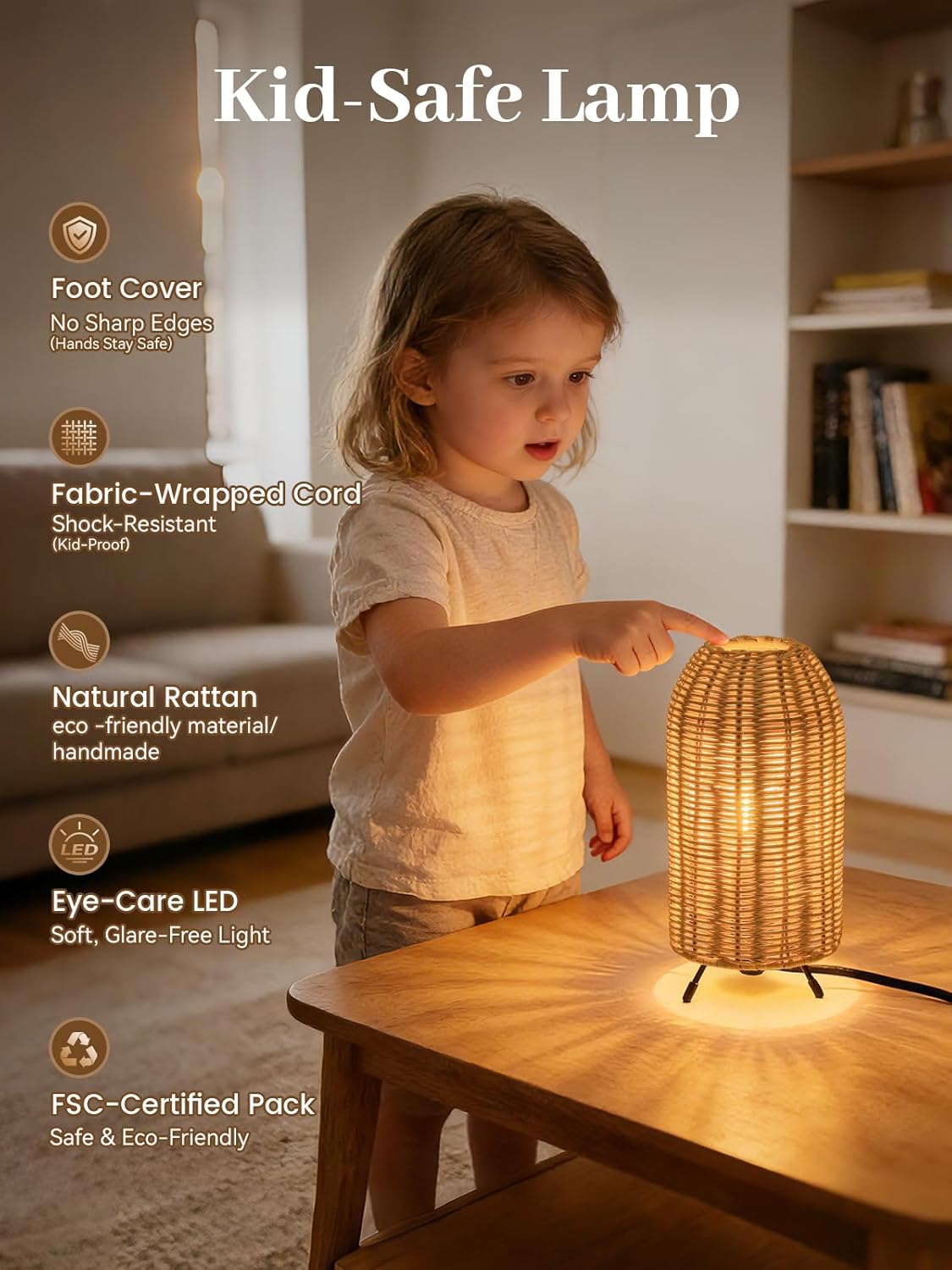 Kids Rattan Table Lamp, Boho Desk Lamp, Rocket Shape Handmade Small Bedside Lamp with 2200K 2W LED Bulb Included for Children's Bedroom, Nightstand, Living Room Decor (8.8”Tall)
