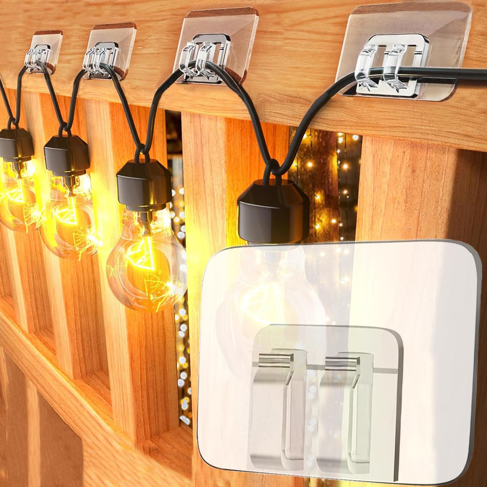 Hooks for Outdoor String Lights Clips 40Pcs Heavy Duty Cable Clip Clear Sticky Clip with Waterproof Adhesive Strips for Hanging Christmas Light UV-Resistant Wall Wire Cord Holder for Porch Patio Decor