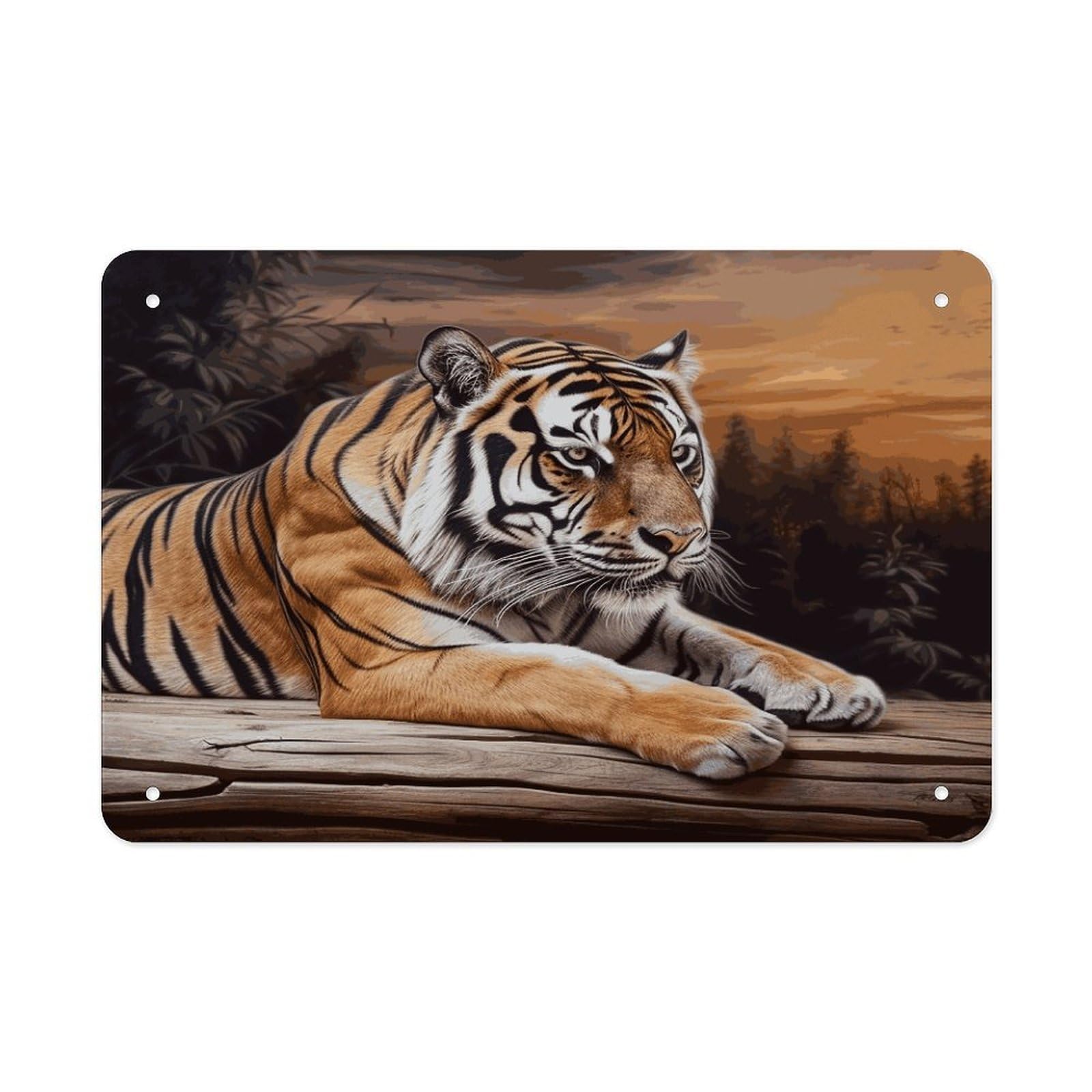 LDGSUPH Tiger Lying on Wood Metal Tin Sign Wall Art Prints Folded Edge Iron Sheet Painting with Holes for Wall Prints Decorative Picture Metal Signboard Decor Painting Wall Decor