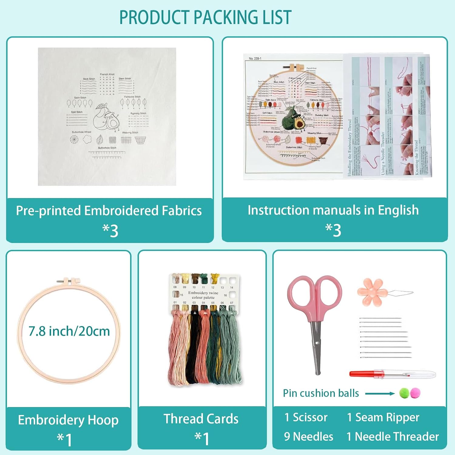 IUHUI 3 Pack Learn to Embroidery Kits for Beginners Adults - Beginner Teaching Package Easy Patterns, DIY Hand Stitching Embroidery 3 Sets with Hoop (Complex Flowers and Leaves) image 4