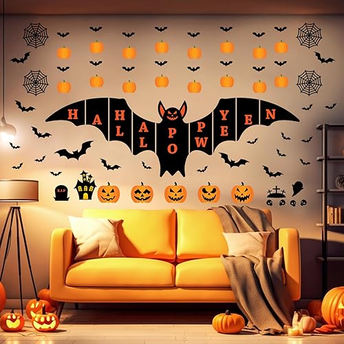 145Pcs Halloween Wall Decals,Large Size Bat Wall Decal Home Horror Wall Decal, Wall Sticker Pumpkin Spooky Decorations Party Supplies Ancient Castle