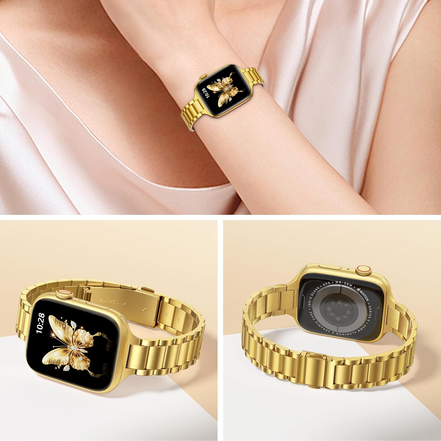 WFEAGL Thin Metal Bands Compatible with Apple Watch Band 42mm (Series 11 10) 41mm 40mm 38mm for Women, Slim Stainless Steel Wristbands for iWatch SE Series 9 8 7 6 5 4 3 2 1 (Gold) - Image 2
