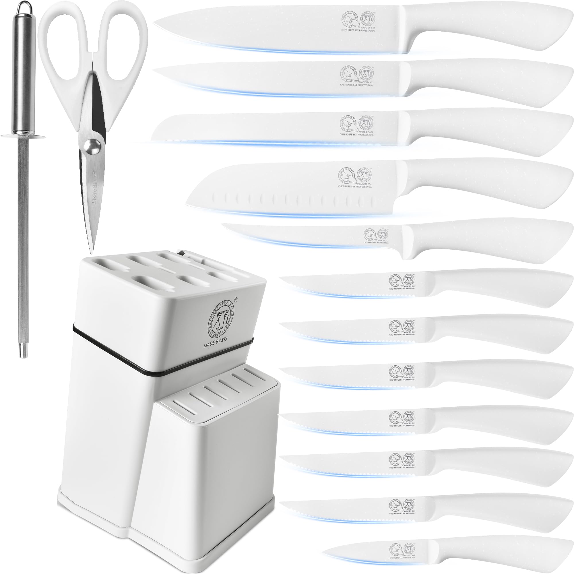 XYJ Authentic Since 1986 - Set di coltelli da cucina con portacoltelli, in acciaio inox, coltello da chef giapponese, coltello da bistecca, coltello per intagliare e affettare, Santoku